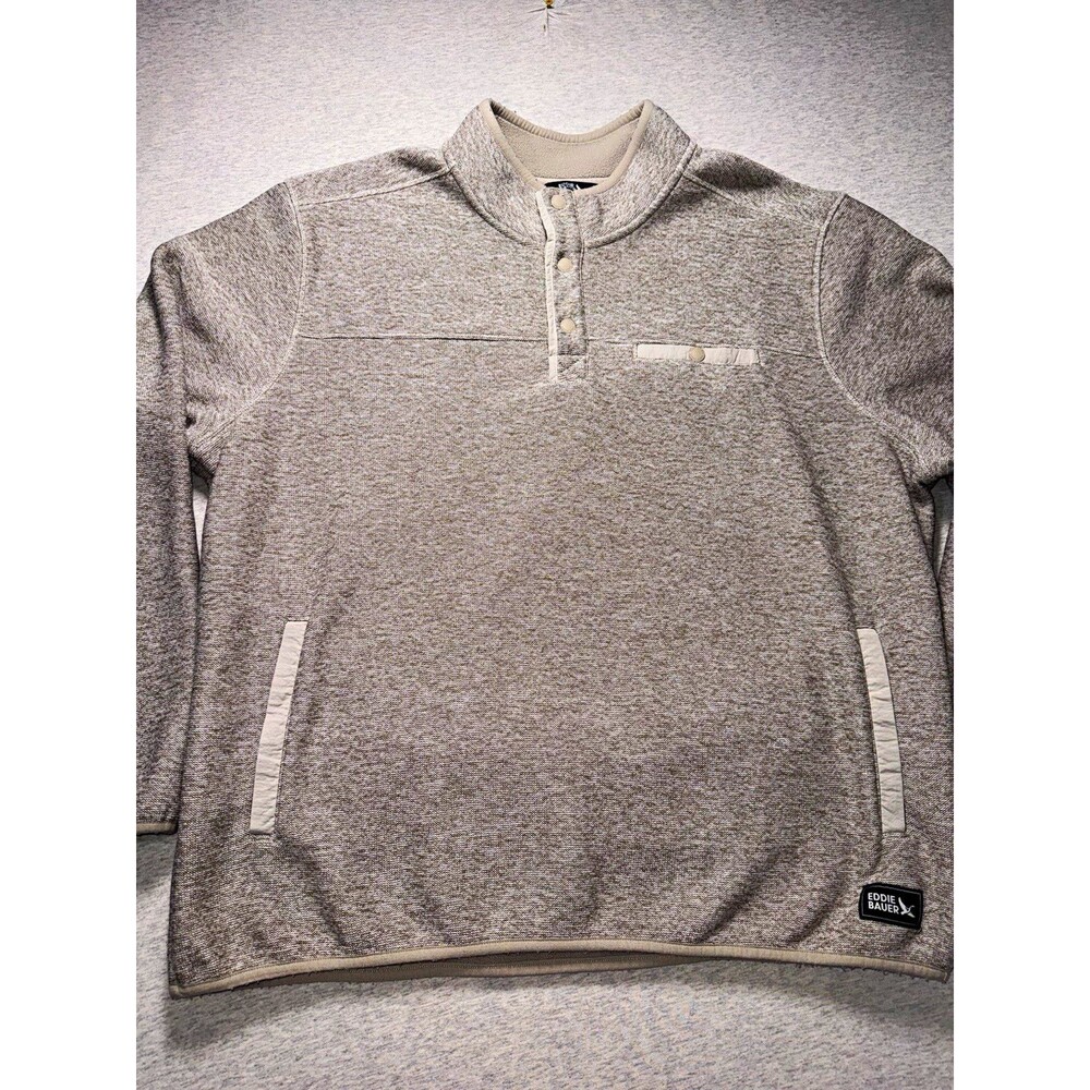 Eddie Bauer Men's Gray Fleece Pullover Sweatshirt 2XL Mock Neck Button Pockets